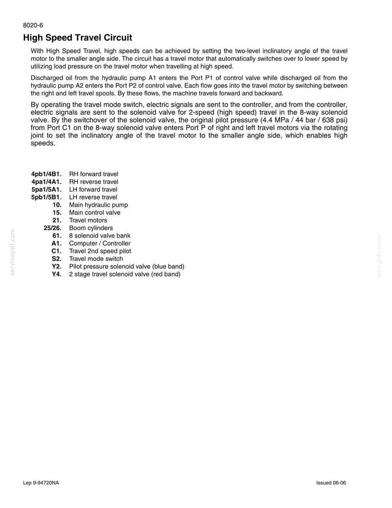 Op de afbeelding: Een technisch diagram getiteld "High Speed Travel Circuit" met gedetailleerde tekst die de werking van het circuit uitlegt. Bevat een lijst met componenten zoals hydraulische pompen, kleppen en reismotoren. Het document is gedateerd 06-06.