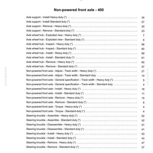 May include: Index page for a front axle system, featuring a detailed table of contents. The document lists various axle and steering knuckle components, including installation, removal, and inspection procedures. The text is in black on a white background.