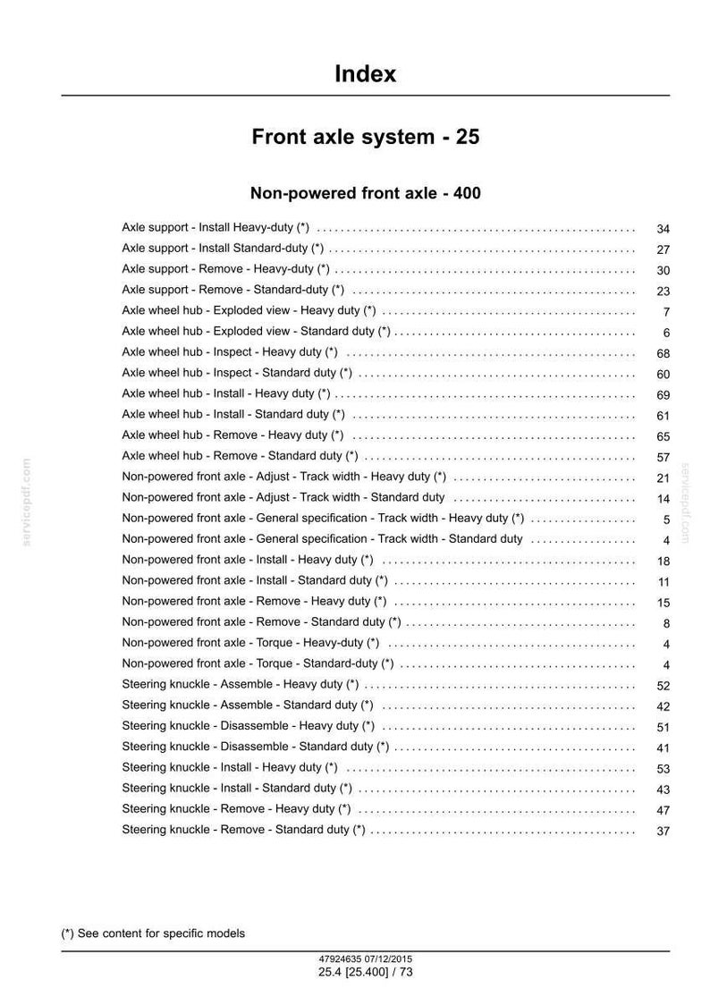 May include: Index page for a front axle system, featuring a detailed table of contents. The document lists various axle and steering knuckle components, including installation, removal, and inspection procedures. The text is in black on a white background.