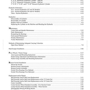 May include: A black and white index page from a technical manual listing hydraulic components, schematics, maintenance procedures, and repair instructions for machinery, including specific cylinder sizes like 4 inch by 24 inch and 5 inch by 48 inch.