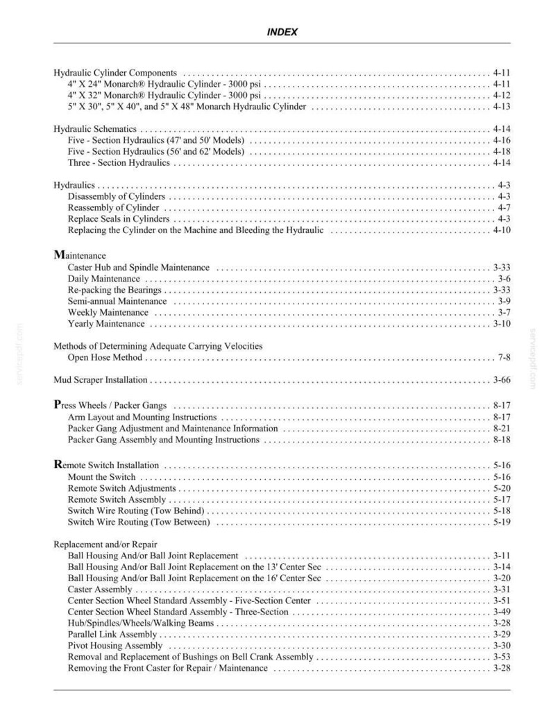 May include: A black and white index page from a technical manual listing hydraulic components, schematics, maintenance procedures, and repair instructions for machinery, including specific cylinder sizes like 4 inch by 24 inch and 5 inch by 48 inch.