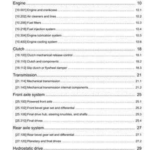 May include: A page from a manual titled "Contents" with a list of mechanical components, including engine, clutch, transmission, and axle systems. The page has a white background with black text.