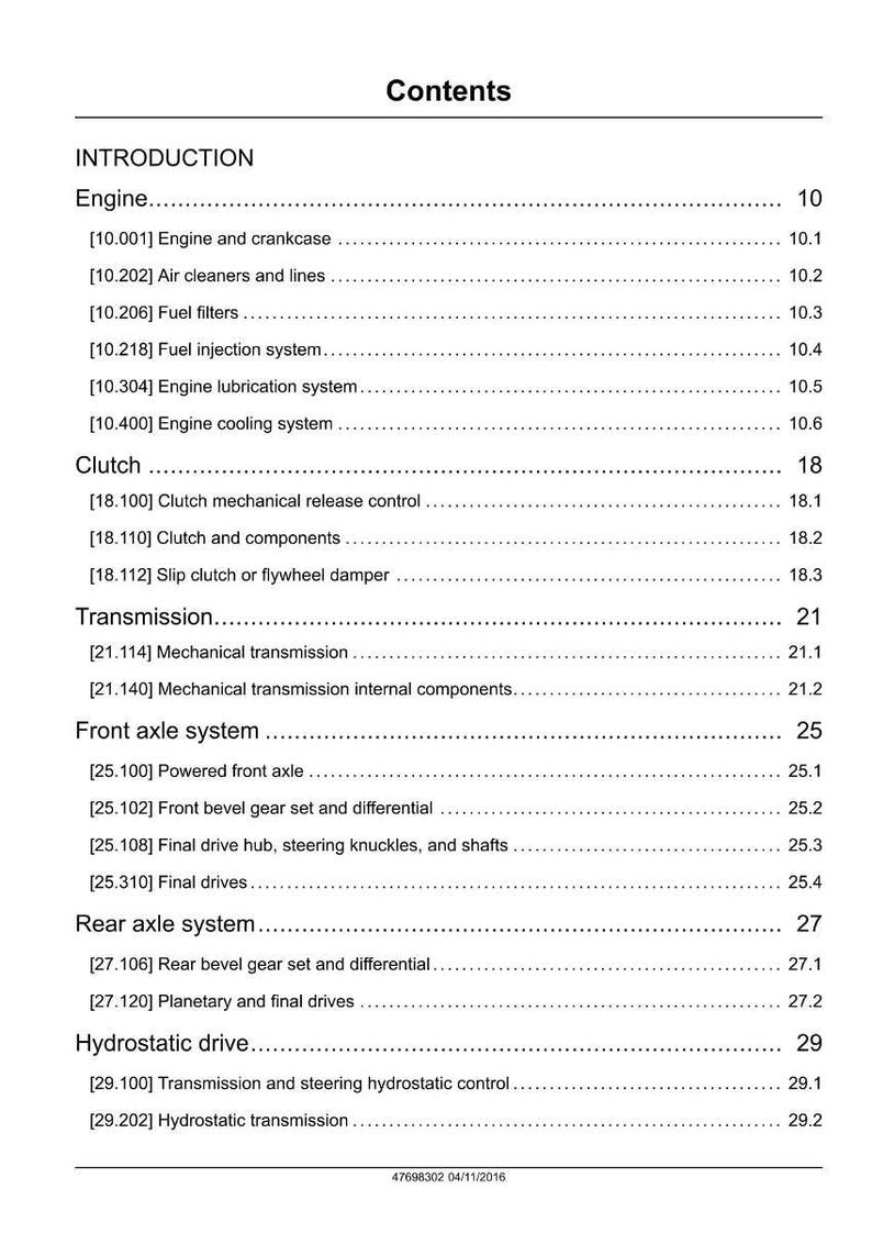 May include: A page from a manual titled "Contents" with a list of mechanical components, including engine, clutch, transmission, and axle systems. The page has a white background with black text.