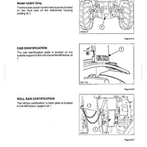 May include: A technical manual page showing three diagrams for tractor identification. Figure 0-5 shows the front wheel assist axle, Figure 0-6 shows the cab identification plate location, and Figure 0-7 shows the roll bar certification plate location.