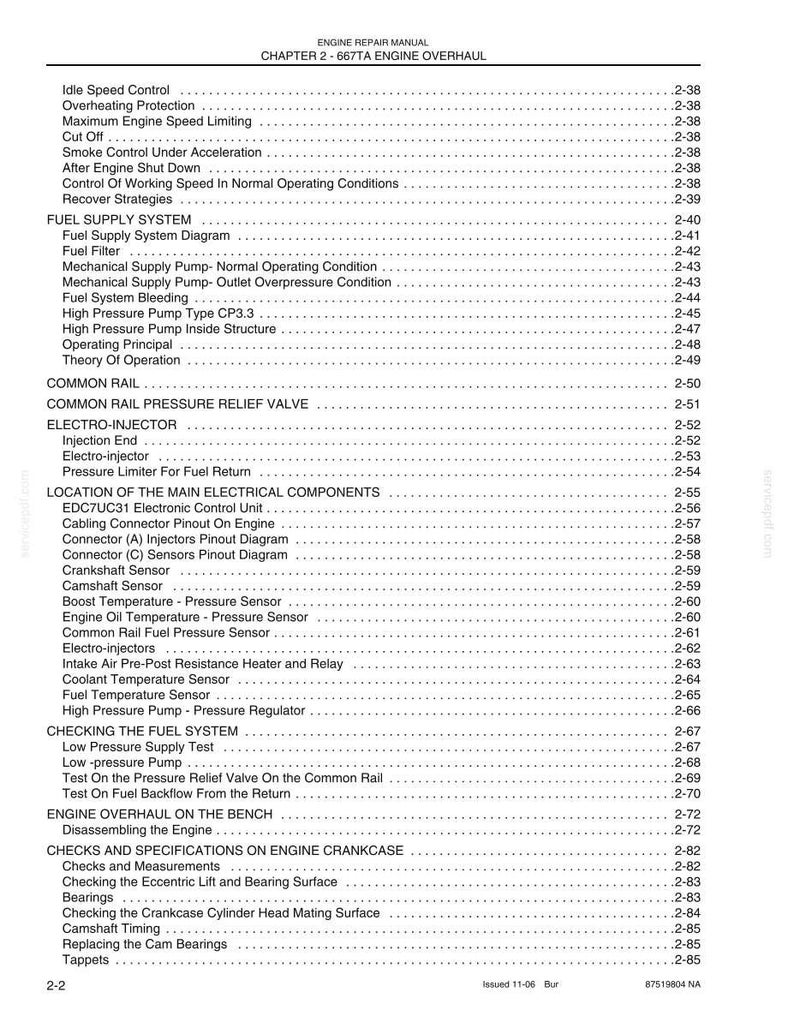 May include: A black and white page from an engine repair manual titled Chapter 2-667TA Engine Overhaul. The text lists technical sections including Fuel Supply System, Common Rail, Electro-Injector, and Location of the Main Electrical Components.