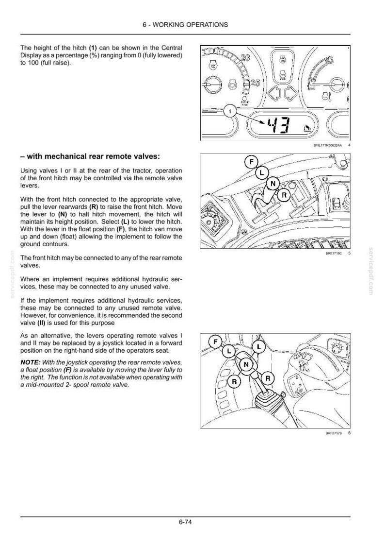 May include: A technical manual page titled 6-WORKING OPERATIONS featuring black and white line drawings of a tractor dashboard display and control levers. The diagrams include labels F, L, N, and R to indicate mechanical rear remote valve positions.