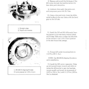 May include: An installation diagram with detailed instructions and numbered steps. The image includes close-ups of mechanical components, a straight edge, and a depth micrometer. Text includes torque specifications and part numbers.