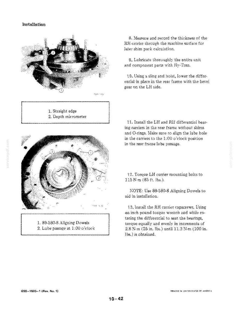 May include: An installation diagram with detailed instructions and numbered steps. The image includes close-ups of mechanical components, a straight edge, and a depth micrometer. Text includes torque specifications and part numbers.