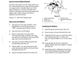 May include: A technical manual page titled Battery Maintenance featuring a diagram labeled Figure 35. The illustration shows a battery with numbered components including a negative cable, rubber cover, positive cable, bolt, wing nut, and hold down rod.