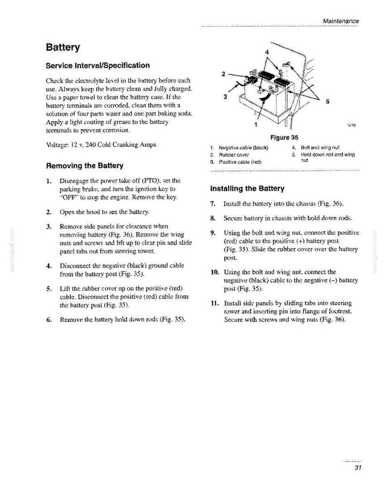 May include: A technical manual page titled Battery Maintenance featuring a diagram labeled Figure 35. The illustration shows a battery with numbered components including a negative cable, rubber cover, positive cable, bolt, wing nut, and hold down rod.