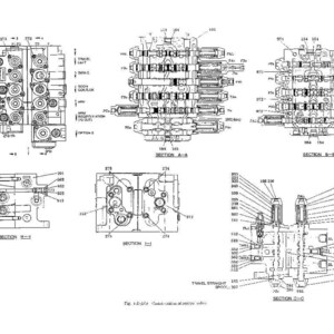 May include: A technical engineering diagram in black and white showing the construction and cross-sections of a hydraulic control valve. The image includes multiple views labeled Section A-A, B-B, C-C, D-D, and E-E, with numerous numbered components and text labels indicating parts like travel spool and arm regeneration.