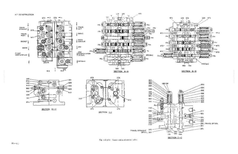 May include: A technical engineering diagram in black and white showing the construction and cross-sections of a hydraulic control valve. The image includes multiple views labeled Section A-A, B-B, C-C, D-D, and E-E, with numerous numbered components and text labels indicating parts like travel spool and arm regeneration.
