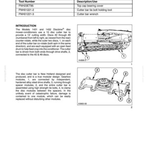 May include: A technical manual page titled SECTION 58 - ATTACHMENTS/HEADERS - CHAPTER 1, featuring a table of special tools, an introduction to New Holland 1431 and 1432 Discbine disc mower-conditioners, and two diagrams labeled A4896-5 and A3663-08.