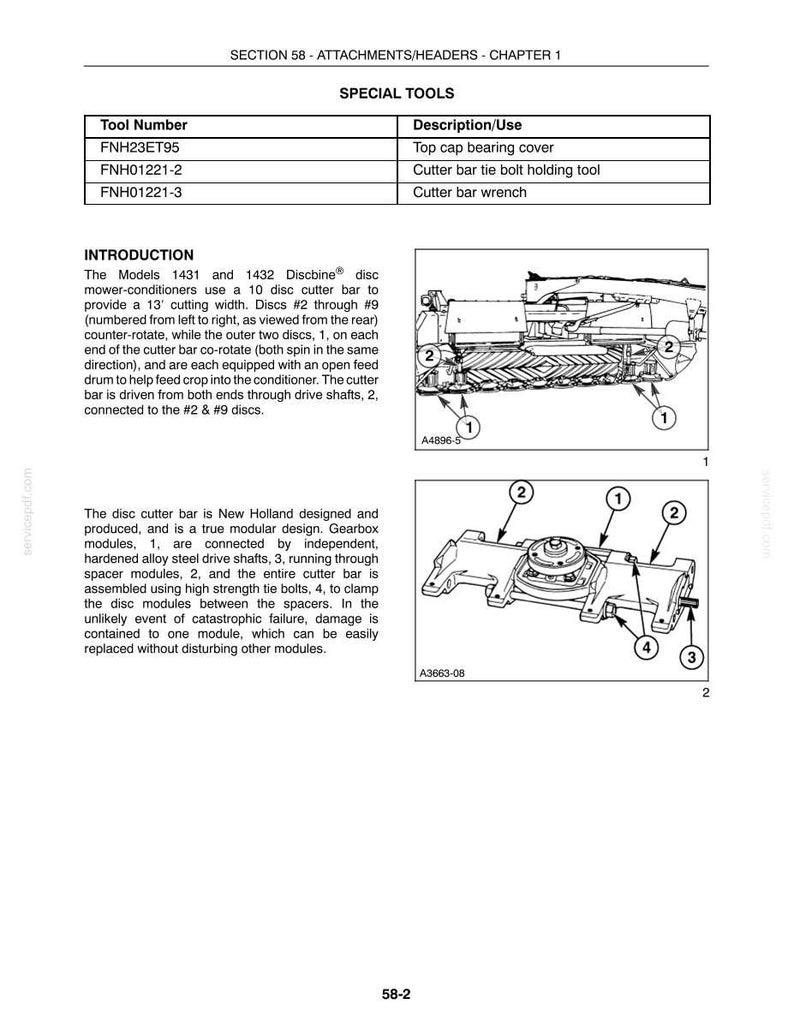 May include: A technical manual page titled SECTION 58 - ATTACHMENTS/HEADERS - CHAPTER 1, featuring a table of special tools, an introduction to New Holland 1431 and 1432 Discbine disc mower-conditioners, and two diagrams labeled A4896-5 and A3663-08.