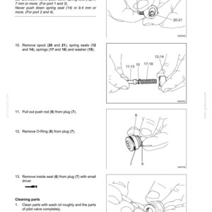 May include: A technical manual page for a pilot valve, E175B-E195B, featuring four black and white line drawings illustrating disassembly steps. The text includes instructions for removing springs, seats, spools, push rods, O-rings, and seals, with specific measurements of 7 mm and 9.4 mm noted for spring seat movement.
