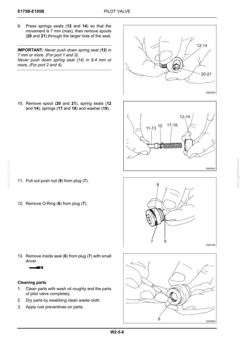 May include: A technical manual page for a pilot valve, E175B-E195B, featuring four black and white line drawings illustrating disassembly steps. The text includes instructions for removing springs, seats, spools, push rods, O-rings, and seals, with specific measurements of 7 mm and 9.4 mm noted for spring seat movement.