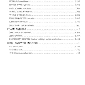 May include: A white page with a detailed list of vehicle components and their corresponding page references. The text includes terms like "REAR AXLE," "STEERING Hydraulic," and "HITCH AND WORKING TOOL." The document appears to be a technical manual.