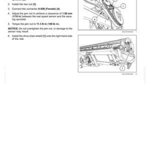 May include: Diagram of a reel speed sensor installation process. The image includes numbered steps with illustrations of mechanical components, including a reel drive sprocket, hex nut, and connector. Text instructions are also provided.