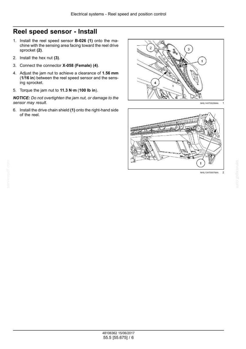 May include: Diagram of a reel speed sensor installation process. The image includes numbered steps with illustrations of mechanical components, including a reel drive sprocket, hex nut, and connector. Text instructions are also provided.
