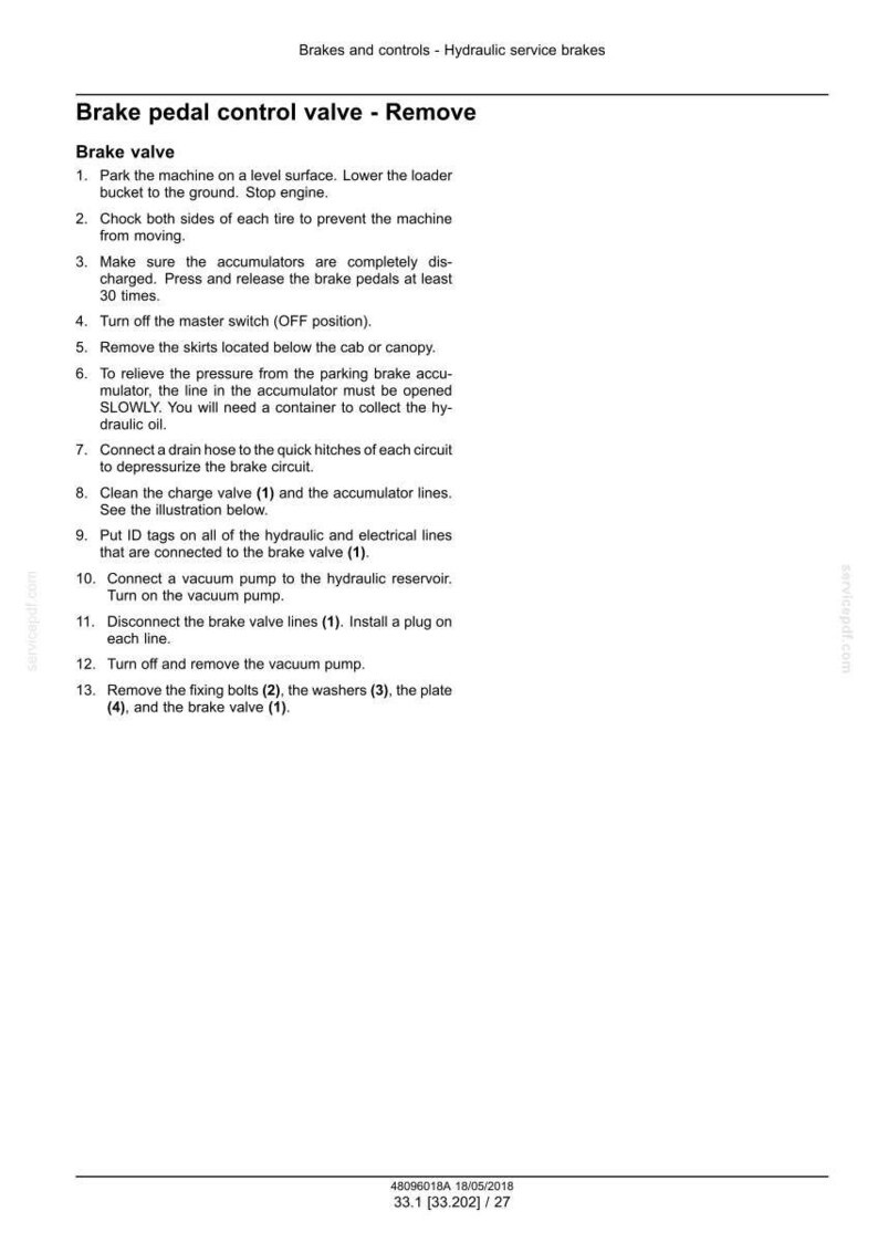 Puede incluir: Una p&aacute;gina de un manual que detalla la extracci&oacute;n de una v&aacute;lvula de control del pedal del freno. El texto incluye pasos numerados para el proceso, con instrucciones de seguridad y mantenimiento. El documento es para frenos de servicio hidr&aacute;ulicos.
