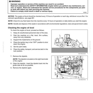 May include: A page from a maintenance manual detailing engine oil level checks. Includes a diagram of a machine and instructions for checking the oil, with safety warnings and notes. The text is in black font.