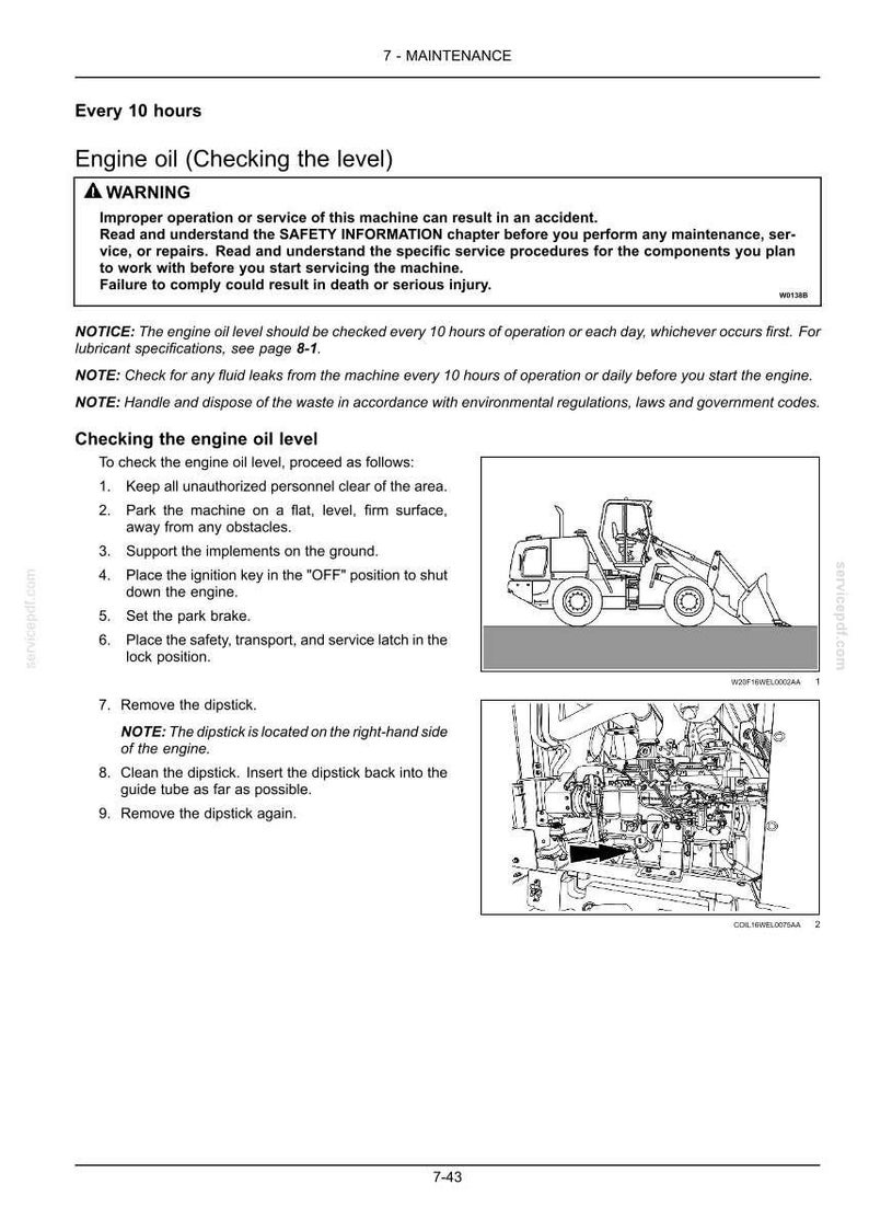 May include: A page from a maintenance manual detailing engine oil level checks. Includes a diagram of a machine and instructions for checking the oil, with safety warnings and notes. The text is in black font.