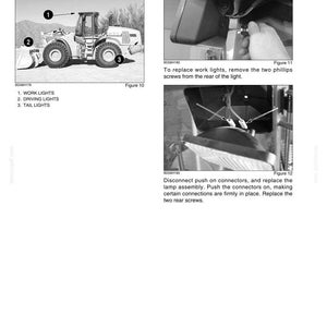 Op de afbeelding: Een pagina uit een servicemanual met details over machinewerklampen. De afbeelding toont een diagram van een wiellader met gemarkeerde werklampen, rijlichten en achterlichten. Extra afbeeldingen tonen hoe de werklampen te vervangen.