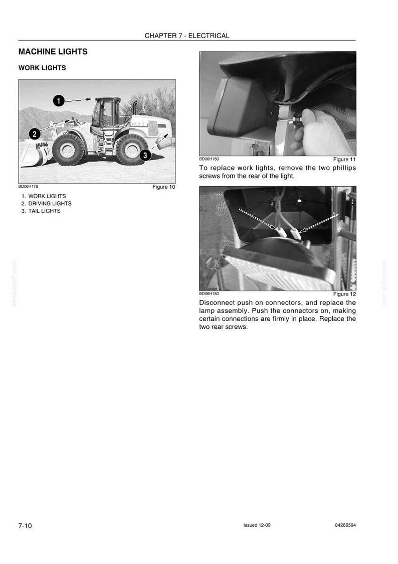 Op de afbeelding: Een pagina uit een servicemanual met details over machinewerklampen. De afbeelding toont een diagram van een wiellader met gemarkeerde werklampen, rijlichten en achterlichten. Extra afbeeldingen tonen hoe de werklampen te vervangen.