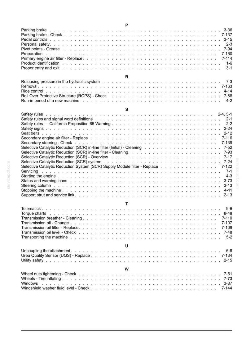 May include: A detailed page from a service manual, listing various vehicle maintenance and operational procedures. The text includes topics like brakes, safety rules, engine components, and fluid checks. The document is organized with headings and page numbers.