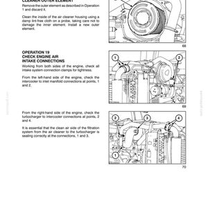 May include: A technical manual page titled SECTION 4 - LUBRICATION AND MAINTENANCE. It features three black and white line drawings showing engine air cleaner maintenance and intake connection checks with numbered labels and instructional text.