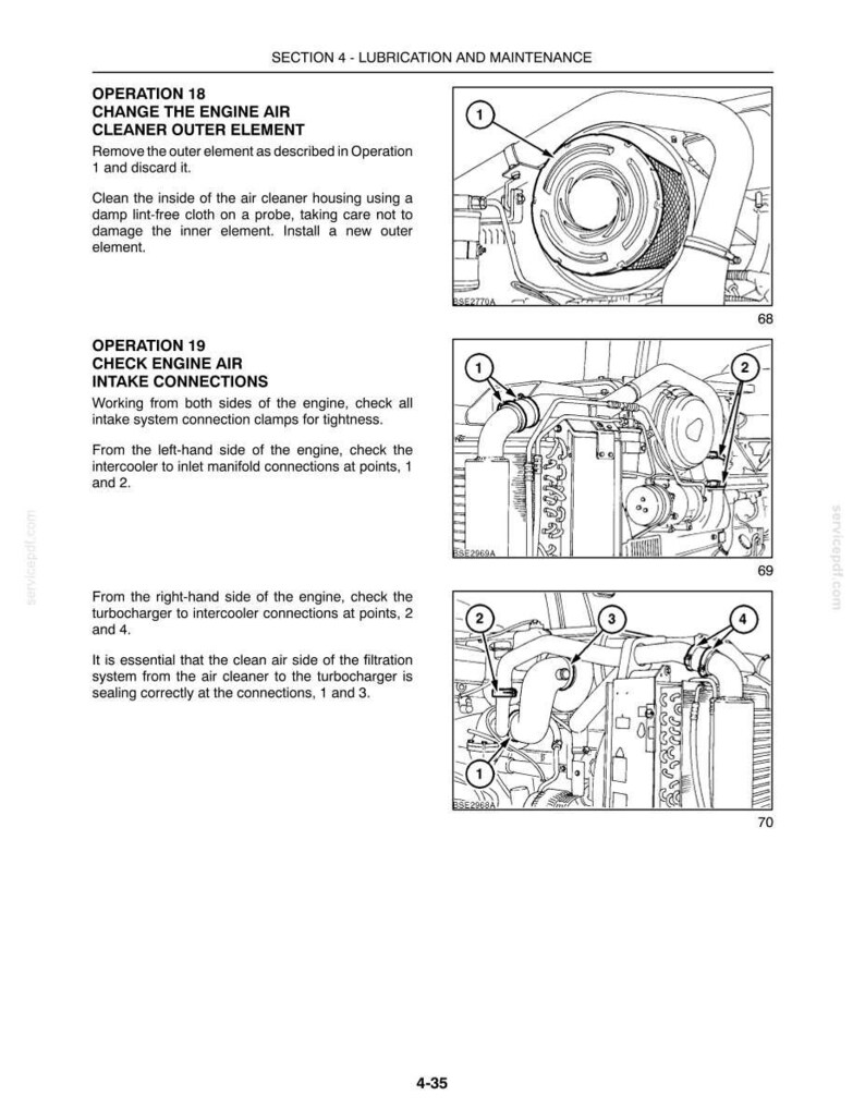 May include: A technical manual page titled SECTION 4 - LUBRICATION AND MAINTENANCE. It features three black and white line drawings showing engine air cleaner maintenance and intake connection checks with numbered labels and instructional text.