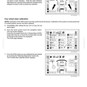 May include: Image of a tractor's control panel with digital displays. The screen shows various settings, including temperature, steering diagnostics, and sensitivity levels. Text on the screen includes "Steering - Cylinders" and "Four wheel steer calibration."