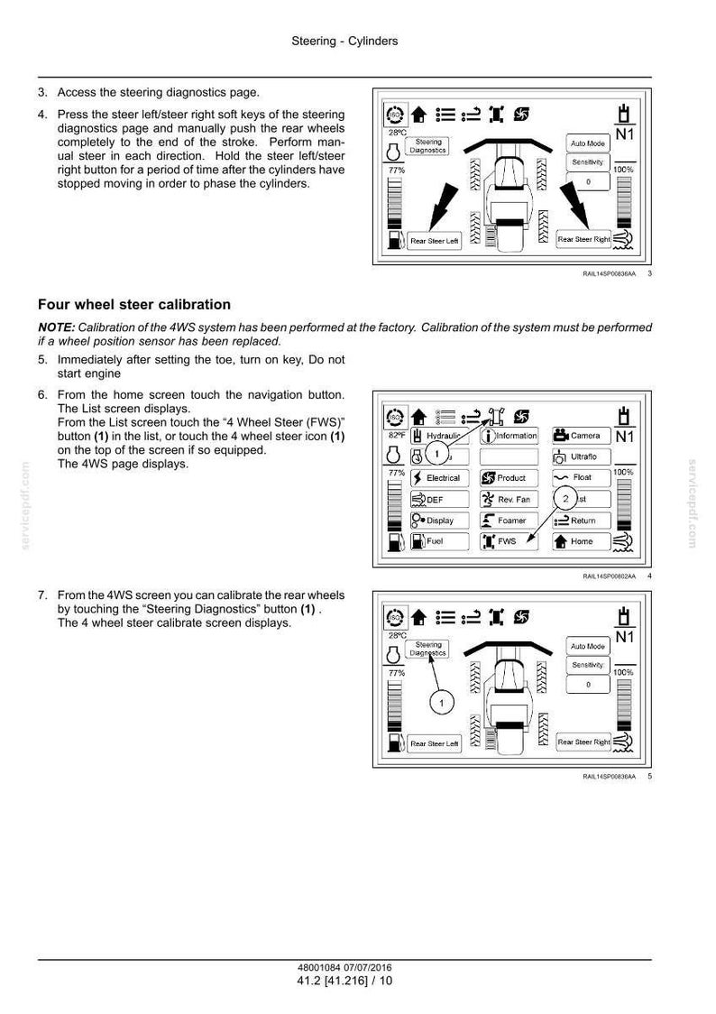 May include: Image of a tractor's control panel with digital displays. The screen shows various settings, including temperature, steering diagnostics, and sensitivity levels. Text on the screen includes "Steering - Cylinders" and "Four wheel steer calibration."