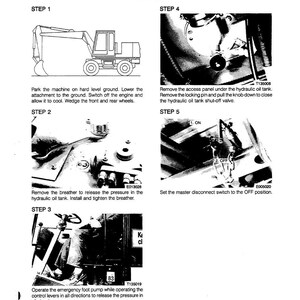 May include: Diagram of hydraulic oil tank removal steps. Includes illustrations of an excavator, components, and instructions. Text includes "Remove the access panel," "Set the master disconnect switch to the OFF position," and "Operate the emergency foot pump."