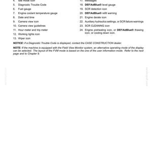 May include: A manual page titled "3 - CONTROLS AND INSTRUMENTS" with a list of icons and descriptions. Includes icons for work mode, fuel gauge, and engine coolant temperature. Also includes a notice about diagnostic trouble codes and the CASE CONSTRUCTION dealer.