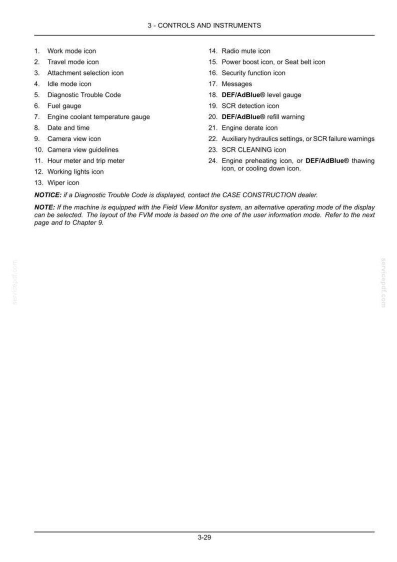 May include: A manual page titled "3 - CONTROLS AND INSTRUMENTS" with a list of icons and descriptions. Includes icons for work mode, fuel gauge, and engine coolant temperature. Also includes a notice about diagnostic trouble codes and the CASE CONSTRUCTION dealer.