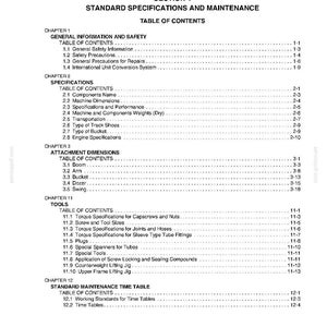 May include: A detailed table of contents from a technical manual, listing sections on specifications, maintenance, and tools. The document includes chapters on general information, safety, and attachment dimensions. The text is black on a white background.