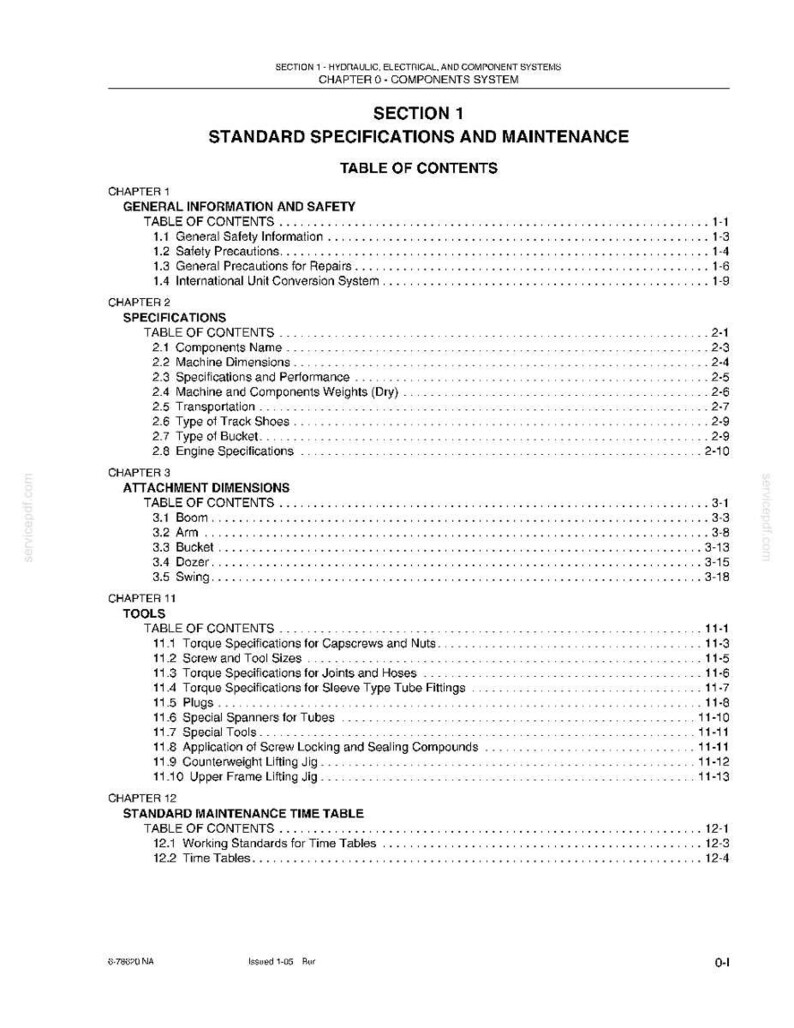 May include: A detailed table of contents from a technical manual, listing sections on specifications, maintenance, and tools. The document includes chapters on general information, safety, and attachment dimensions. The text is black on a white background.