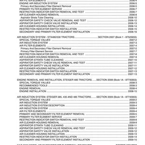 Puede incluir: Un detallado &iacute;ndice de contenidos para tractores de las series STX y Steiger, que enumera secciones y n&uacute;meros de p&aacute;gina. El documento incluye temas como sistemas de inducci&oacute;n de aire, elementos filtrantes y esquemas el&eacute;ctricos.