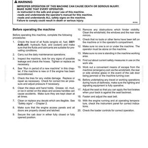 May include: A page from an operating manual with the title "Starting the engine" and a warning about improper operation causing serious injury. The text lists safety instructions and operating procedures.