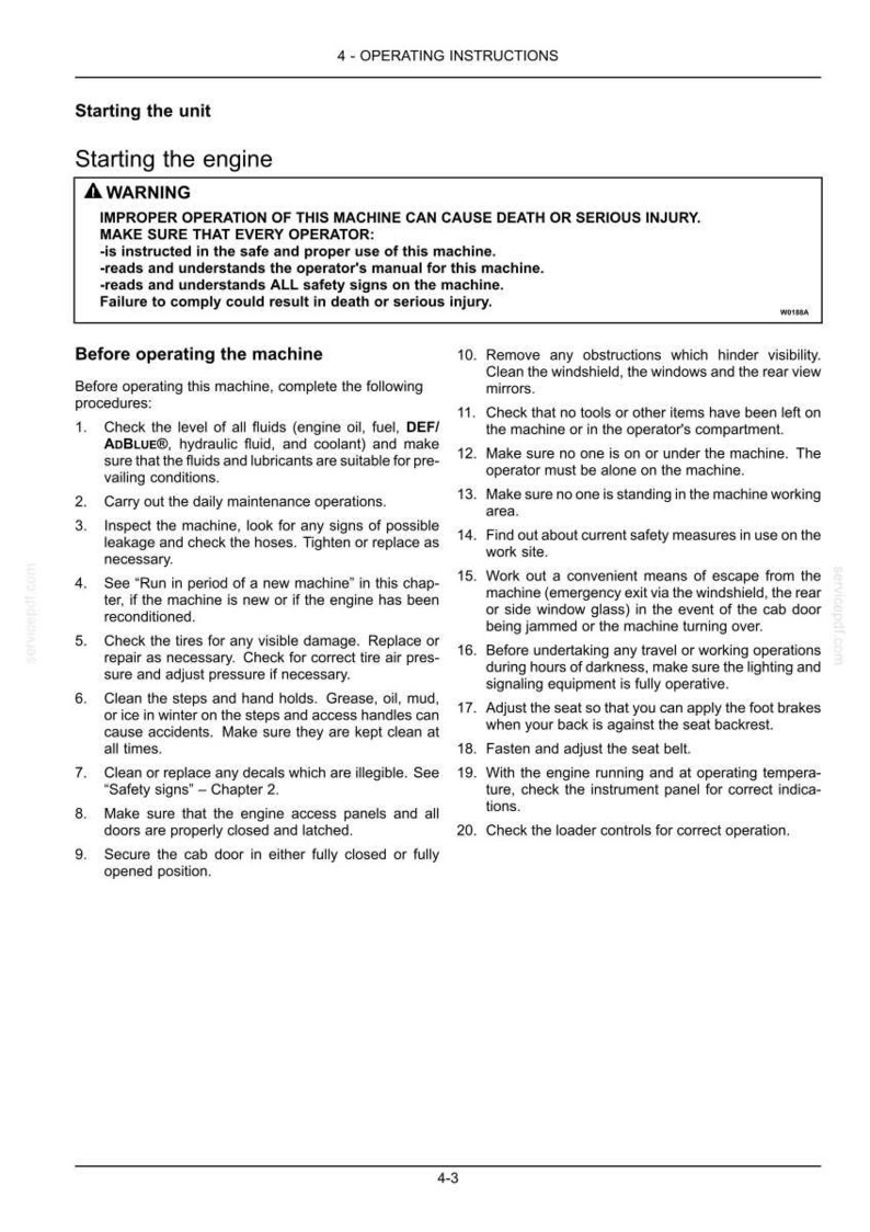 May include: A page from an operating manual with the title "Starting the engine" and a warning about improper operation causing serious injury. The text lists safety instructions and operating procedures.