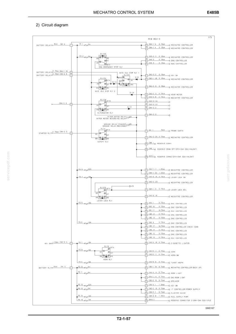 May include: A technical circuit diagram titled MECHATRO CONTROL SYSTEM E485B, displaying electrical connections, relays, fuses, and controller inputs. The schematic features black lines and text on a white background, detailing system wiring.