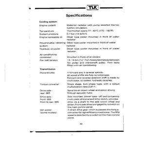May include: A technical specification document for TLK machinery, detailing cooling system parameters, transmission speeds, torque converter ratios, and drive axle configurations, including specific measurements like 13-19 mm and 1/2-3/4 inch.