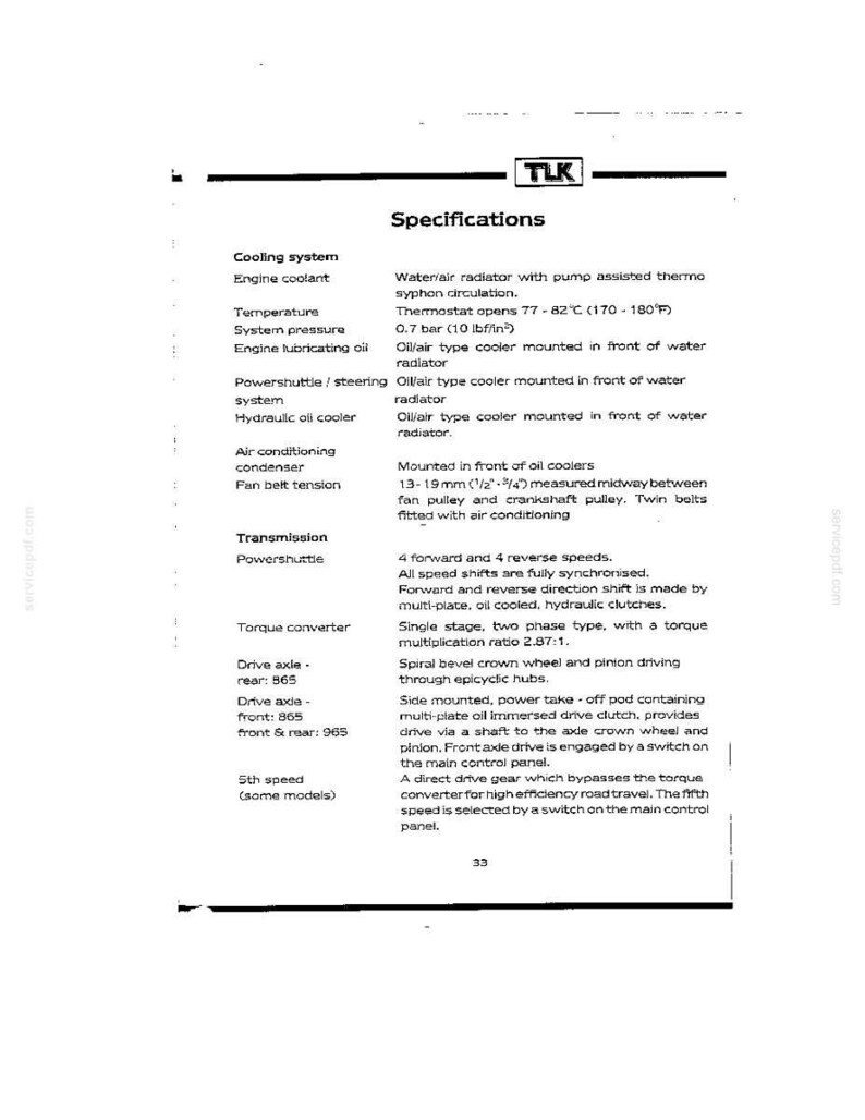 May include: A technical specification document for TLK machinery, detailing cooling system parameters, transmission speeds, torque converter ratios, and drive axle configurations, including specific measurements like 13-19 mm and 1/2-3/4 inch.
