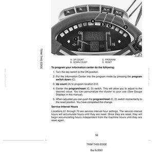 May include: A grayscale image of an information center control panel. The panel has multiple buttons labeled A, B, C, and D, along with a digital display showing numbers. Text includes instructions for programming the information center and service interval hours.