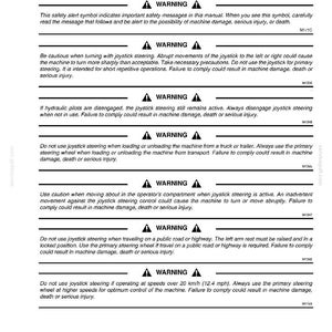 May include: A white document titled "SAFETY RULES" with multiple warning statements about joystick steering. The document includes safety symbols and instructions to prevent machine damage, serious injury, or death.