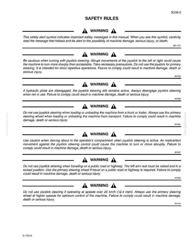 May include: A white document titled "SAFETY RULES" with multiple warning statements about joystick steering. The document includes safety symbols and instructions to prevent machine damage, serious injury, or death.