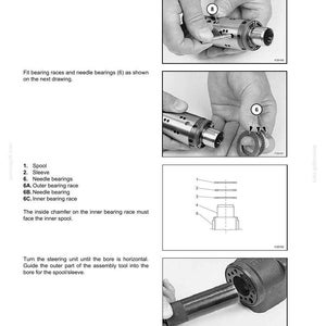 May include: Diagram of steering system components, including a spool, sleeve, needle bearings, and bearing races. The image shows assembly steps with hands manipulating parts. Text labels identify each component for technical reference.