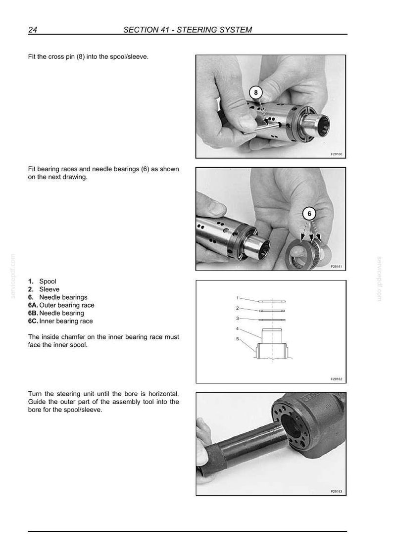 May include: Diagram of steering system components, including a spool, sleeve, needle bearings, and bearing races. The image shows assembly steps with hands manipulating parts. Text labels identify each component for technical reference.