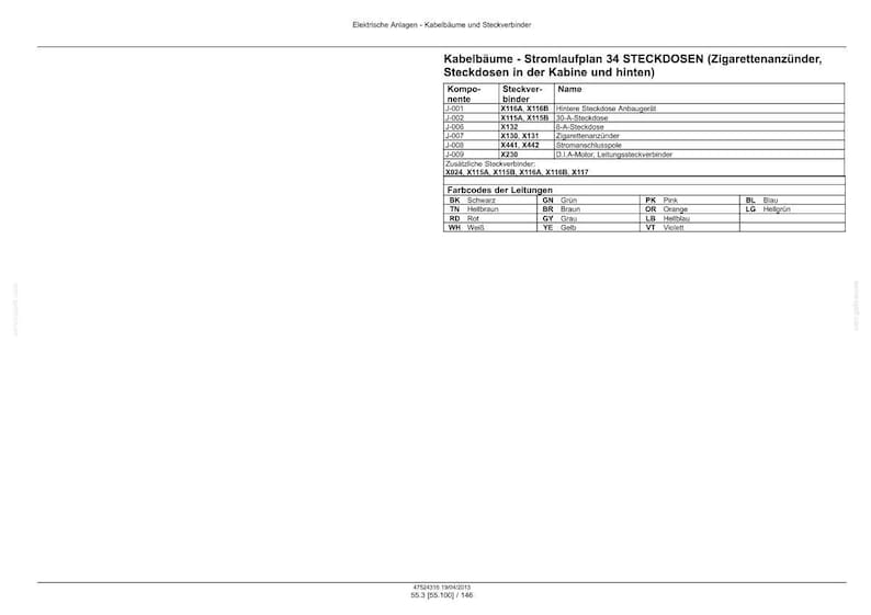May include: A technical document titled Kabelb&auml;ume - Stromlaufplan 34 STECKDOSEN, detailing electrical wiring for cigarette lighters and cabin sockets. It includes a component table, connector list, and a color code chart for various wire types.